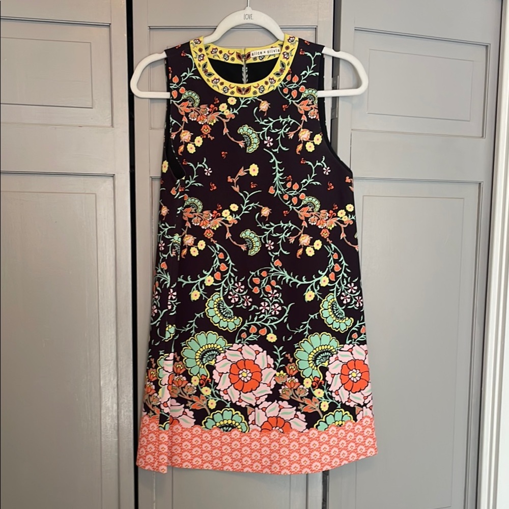 Alice + Olivia Floral Mini Dress - Black with Floral Accents